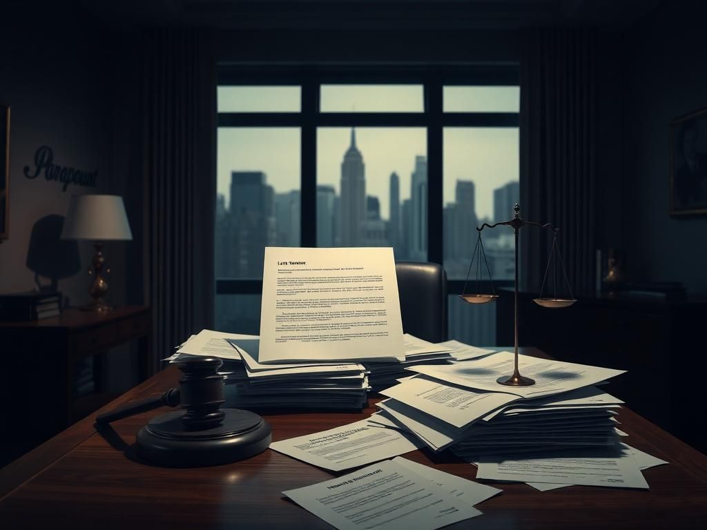 Flick International Office setting with legal documents and senator's letter atop a desk, city skyline in background