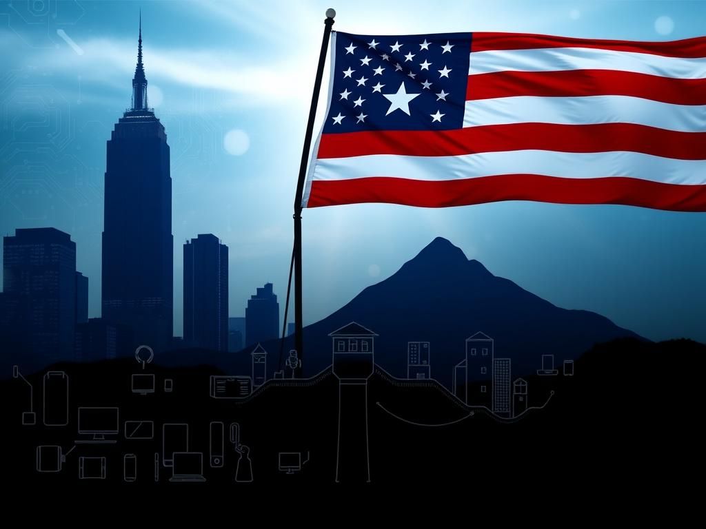Flick International Silhouetted American flag against skyscrapers depicting technological advancement and cybersecurity risks