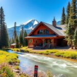 Flick International Rustic wooden cabin in Montana surrounded by pine trees and snow-capped mountains