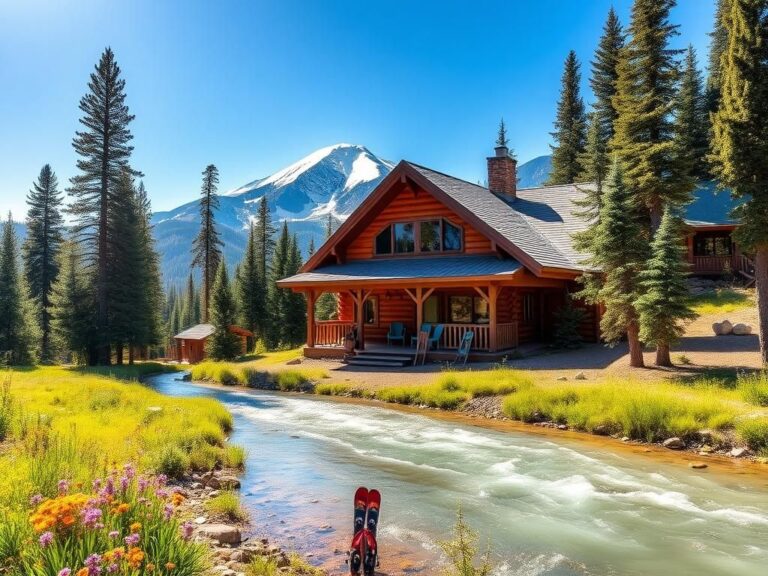 Flick International Rustic wooden cabin in Montana surrounded by pine trees and snow-capped mountains