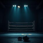 Flick International A somber boxing gym scene with a well-worn ring and boxing gloves symbolizing endurance and struggle