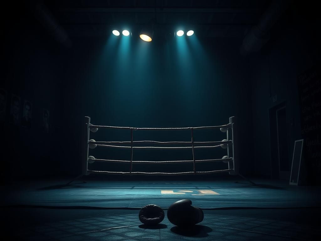 Flick International A somber boxing gym scene with a well-worn ring and boxing gloves symbolizing endurance and struggle