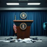 Flick International Close-up of a presidential podium with an official seal in a press briefing room