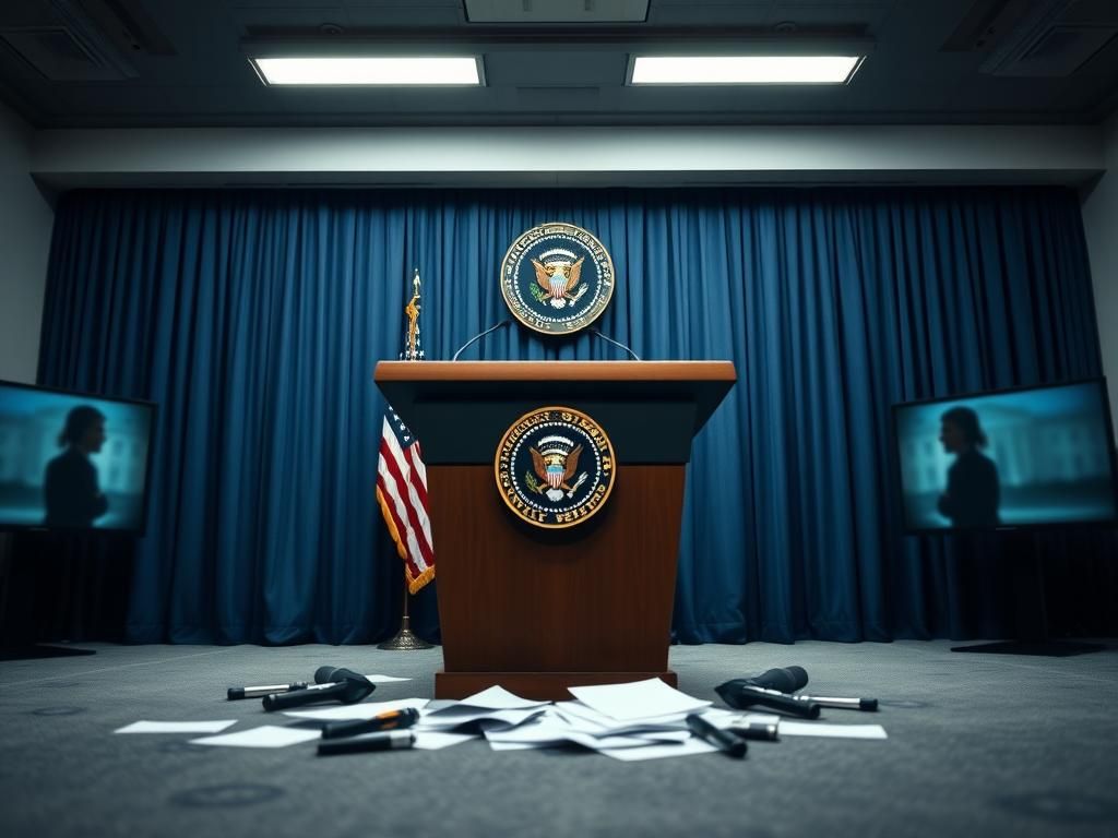 Flick International Close-up of a presidential podium with an official seal in a press briefing room