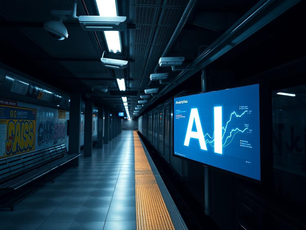 Flick International A dimly lit NYC subway platform with modern surveillance cameras