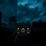 Flick International Dark city landscape at night featuring Capital Jewish Museum with a shattered glass window symbolizing violence and loss