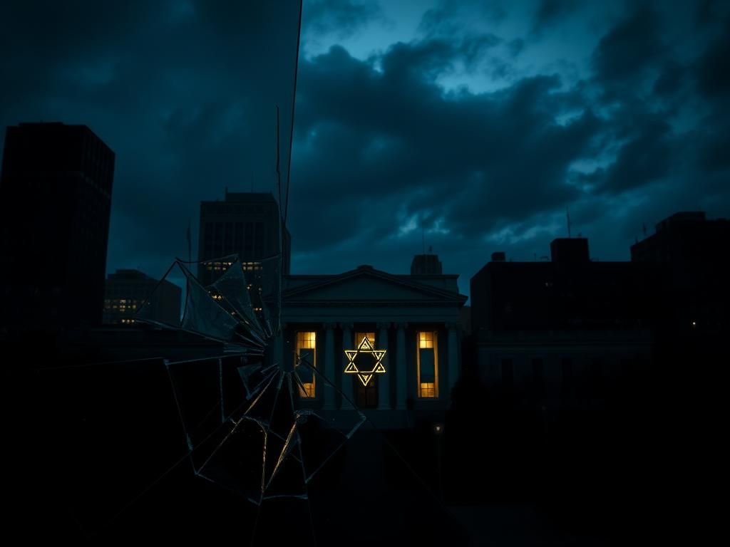 Flick International Dark city landscape at night featuring Capital Jewish Museum with a shattered glass window symbolizing violence and loss