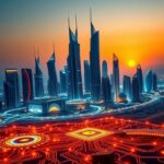 Flick International Futuristic skyline in the Middle East with towering skyscrapers and AI chip designs
