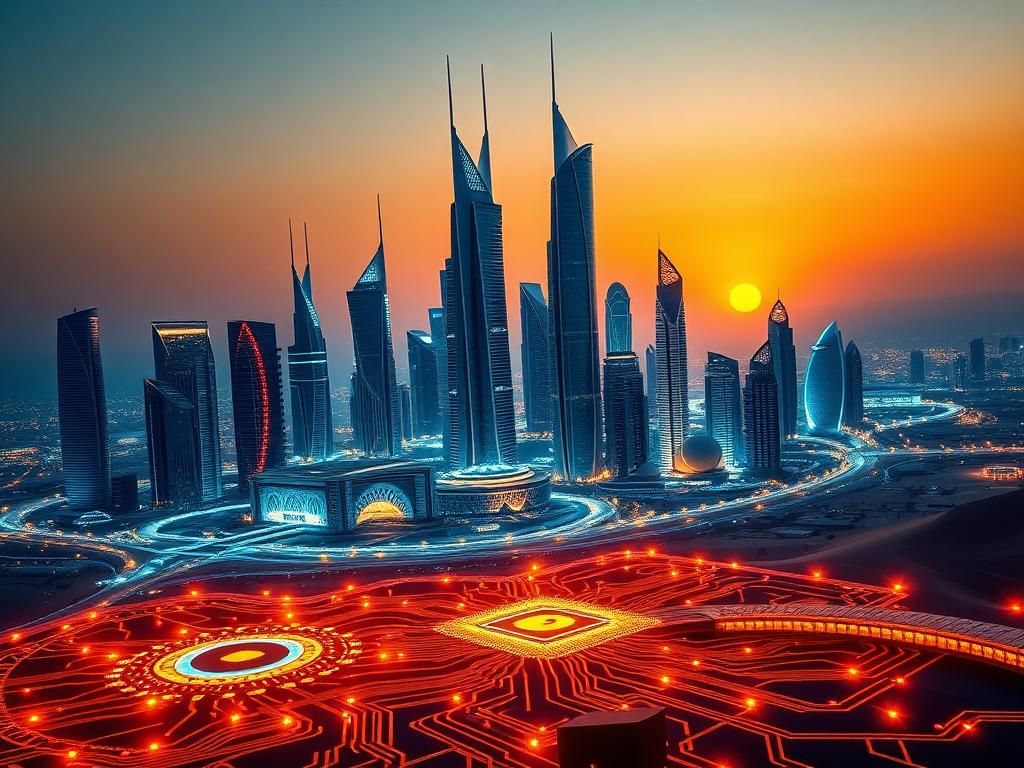 Flick International Futuristic skyline in the Middle East with towering skyscrapers and AI chip designs