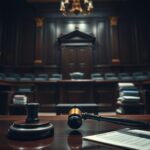 Flick International A dimly lit courtroom with a grand wooden judge's bench and a gavel on a mahogany desk, reflecting the tension of a high-profile trial.