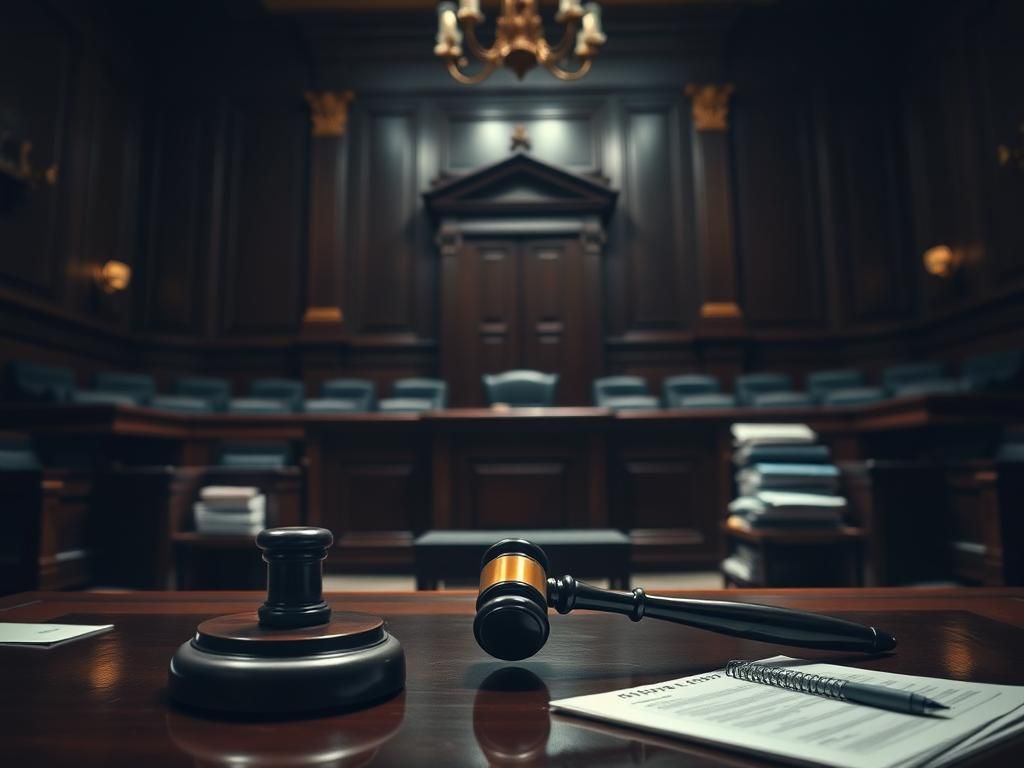 Flick International A dimly lit courtroom with a grand wooden judge's bench and a gavel on a mahogany desk, reflecting the tension of a high-profile trial.