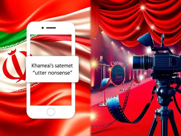 Flick International A split scene collage depicting Khamenei's statement alongside the Cannes Film Festival
