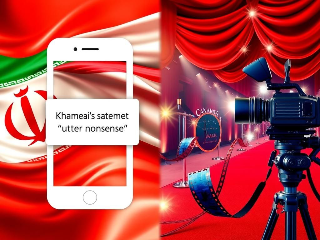 Flick International A split scene collage depicting Khamenei's statement alongside the Cannes Film Festival