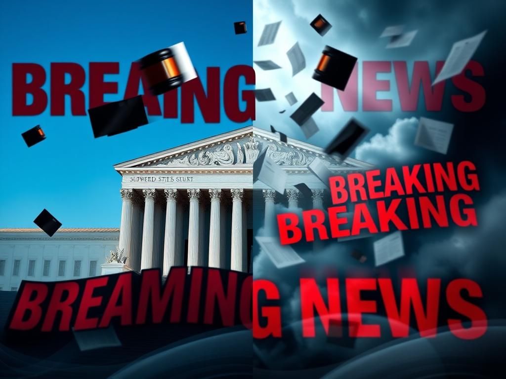 Flick International A dramatic depiction of the United States Supreme Court and chaotic breaking news interaction.