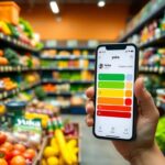 Flick International A vibrant grocery store aisle with fresh fruits and vegetables, showcasing the Yuka app on a smartphone displaying food ratings.