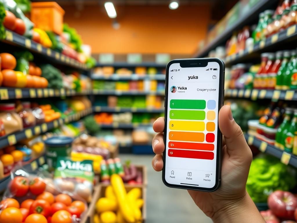 Flick International A vibrant grocery store aisle with fresh fruits and vegetables, showcasing the Yuka app on a smartphone displaying food ratings.