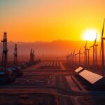 Flick International Dramatic landscape of an industrial energy production site at sunrise with oil rigs and wind turbines
