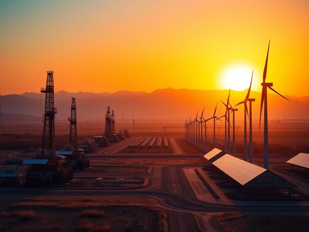 Flick International Dramatic landscape of an industrial energy production site at sunrise with oil rigs and wind turbines