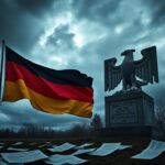 Flick International German national flag unfurling against a stormy sky symbolizing political turmoil