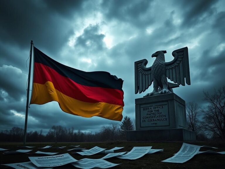 Flick International German national flag unfurling against a stormy sky symbolizing political turmoil