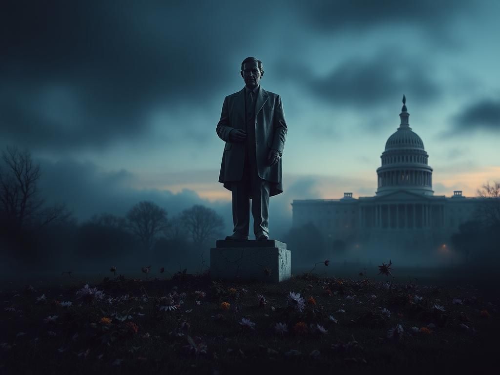 Flick International Abstract representation of a political landscape at twilight with a crumbling statue symbolizing fading leadership