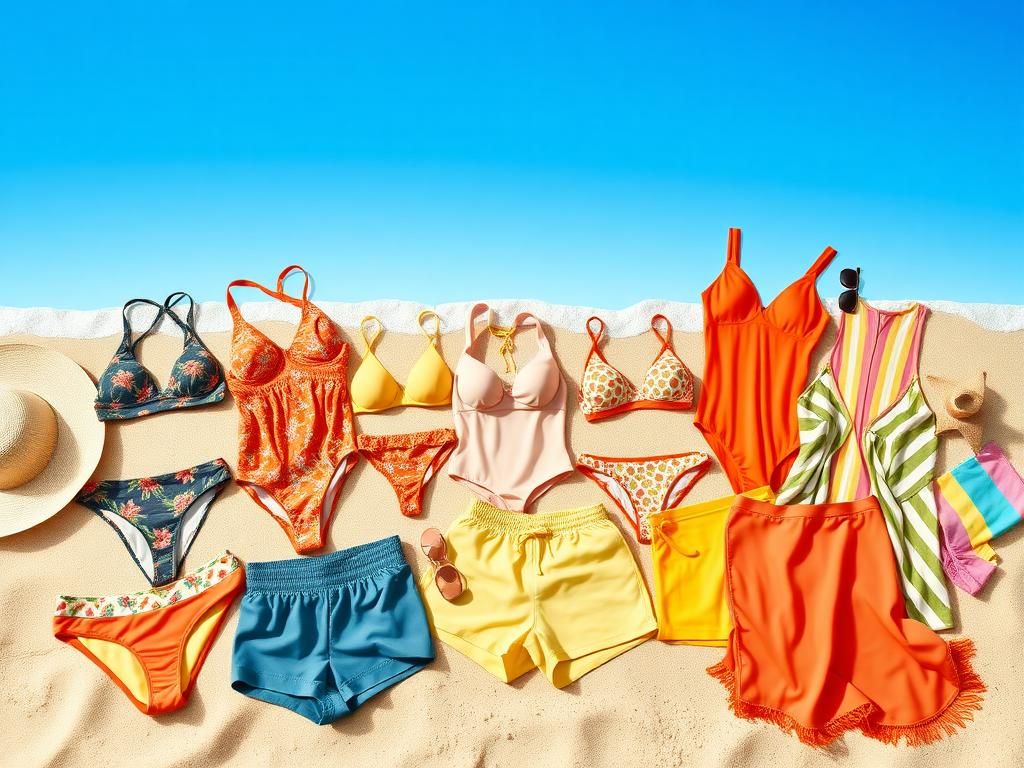 Flick International Vibrant summer beach scene featuring stylish swimwear on sandy shore