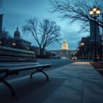 Flick International Empty street in Washington, D.C. at dusk with illuminated monuments