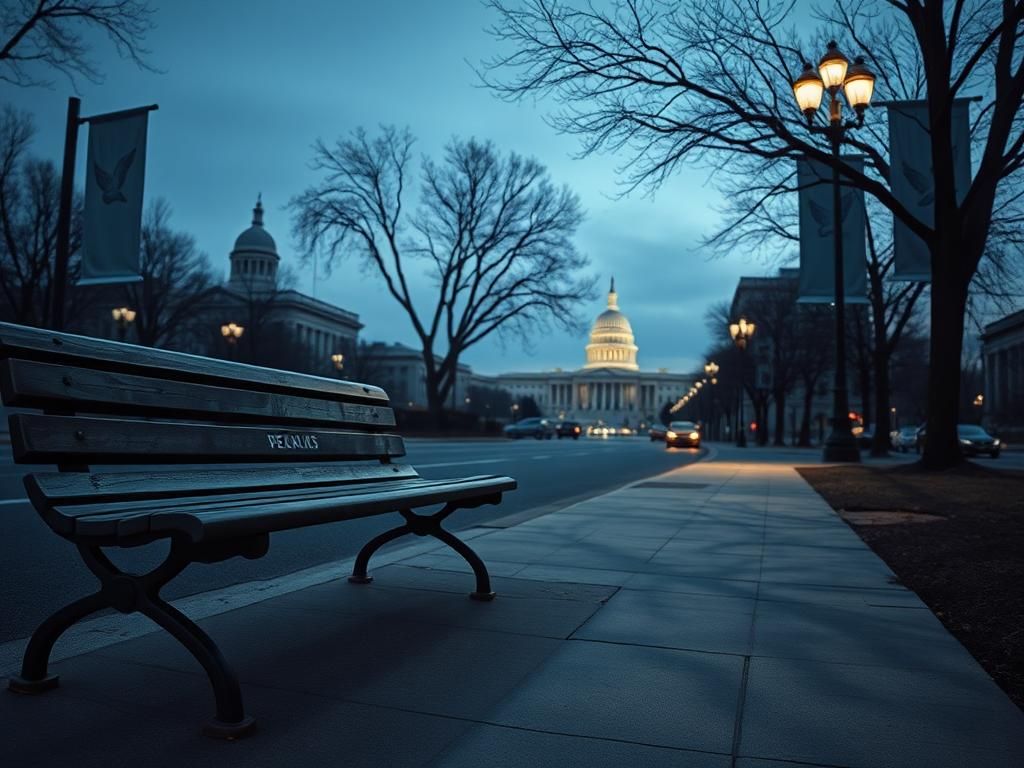 Flick International Empty street in Washington, D.C. at dusk with illuminated monuments