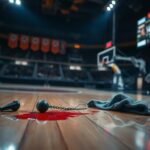 Flick International A bloodied towel discarded on a basketball court during a playoff game