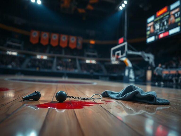 Flick International A bloodied towel discarded on a basketball court during a playoff game
