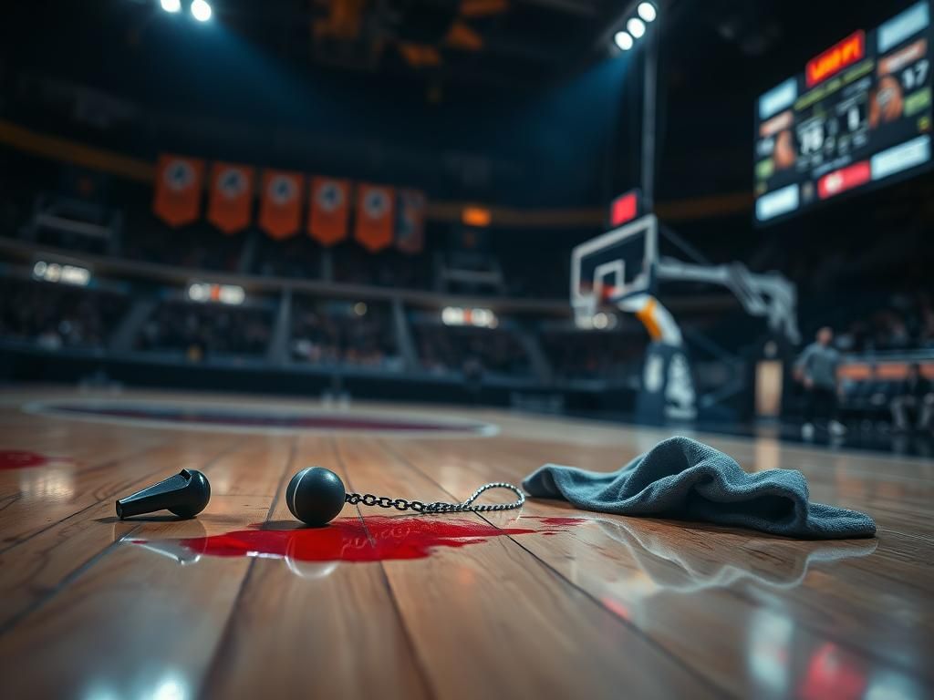 Flick International A bloodied towel discarded on a basketball court during a playoff game