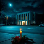 Flick International A dark street scene outside the Israeli Embassy in Washington, D.C., with a flickering candle and flowers symbolizing remembrance.