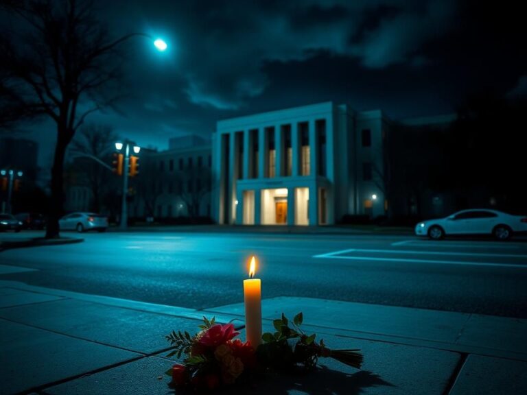 Flick International A dark street scene outside the Israeli Embassy in Washington, D.C., with a flickering candle and flowers symbolizing remembrance.