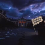 Flick International Dark and ominous scene of Harvard University's architecture at twilight with a cracked pathway and scattered papers