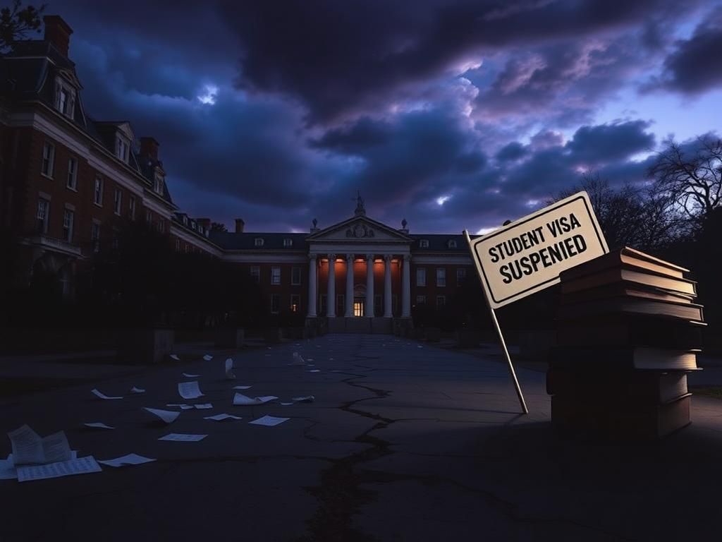 Flick International Dark and ominous scene of Harvard University's architecture at twilight with a cracked pathway and scattered papers