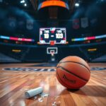 Flick International Dramatic basketball court scene at dusk with illuminated scoreboard