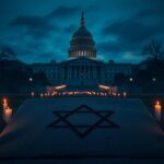 Flick International Empty Jewish star symbol illuminated by flickering candles, set against the backdrop of the Capitol building in Washington, D.C.