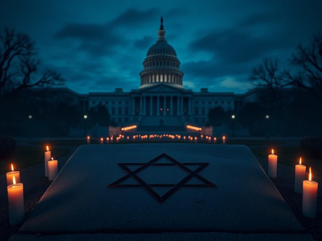 Flick International Empty Jewish star symbol illuminated by flickering candles, set against the backdrop of the Capitol building in Washington, D.C.