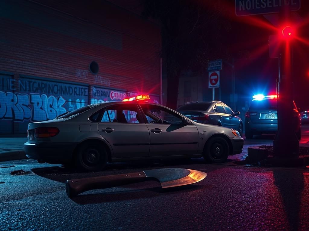Flick International scene of a road rage incident in Boston featuring a damaged car and a hatchet on the ground