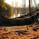 Flick International 18th-century gunboat partially submerged in a tranquil waterway with sunlight filtering through trees