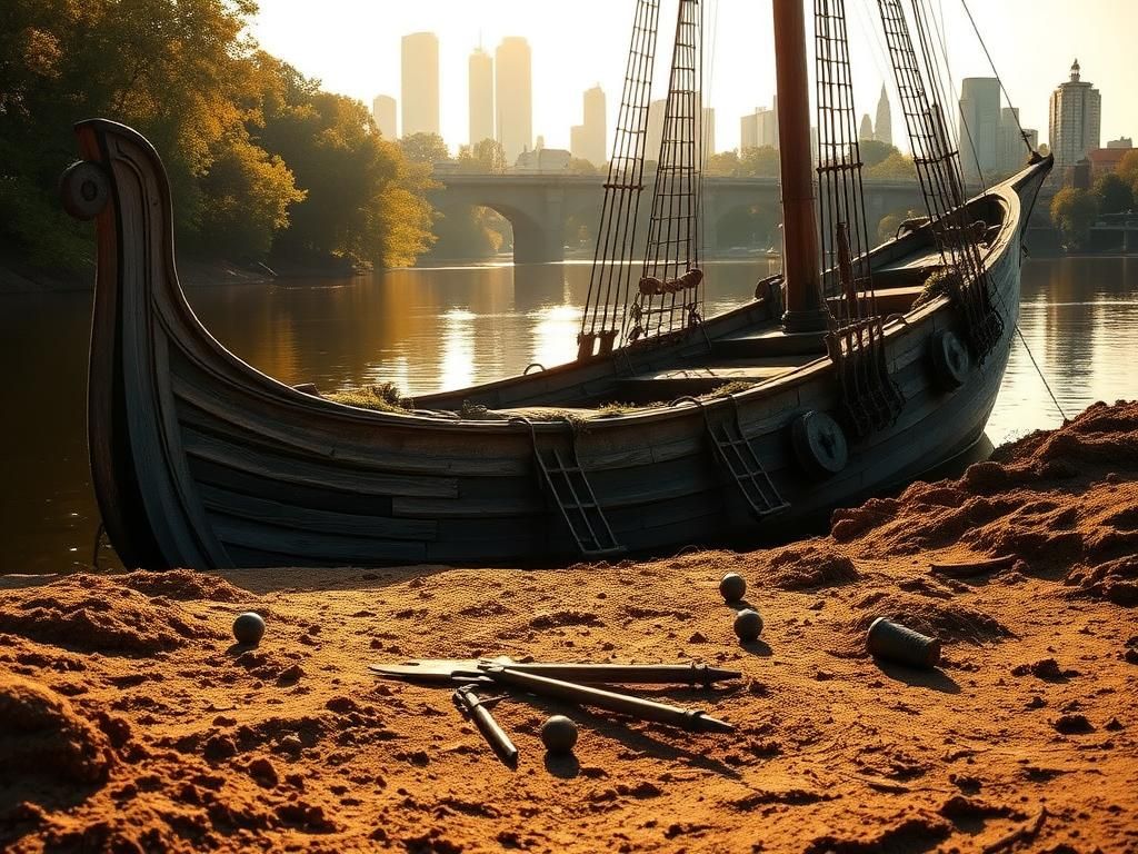 Flick International 18th-century gunboat partially submerged in a tranquil waterway with sunlight filtering through trees