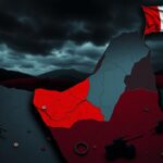 Flick International A fragmented map of the Middle East showing Israel and Gaza under dark storm clouds