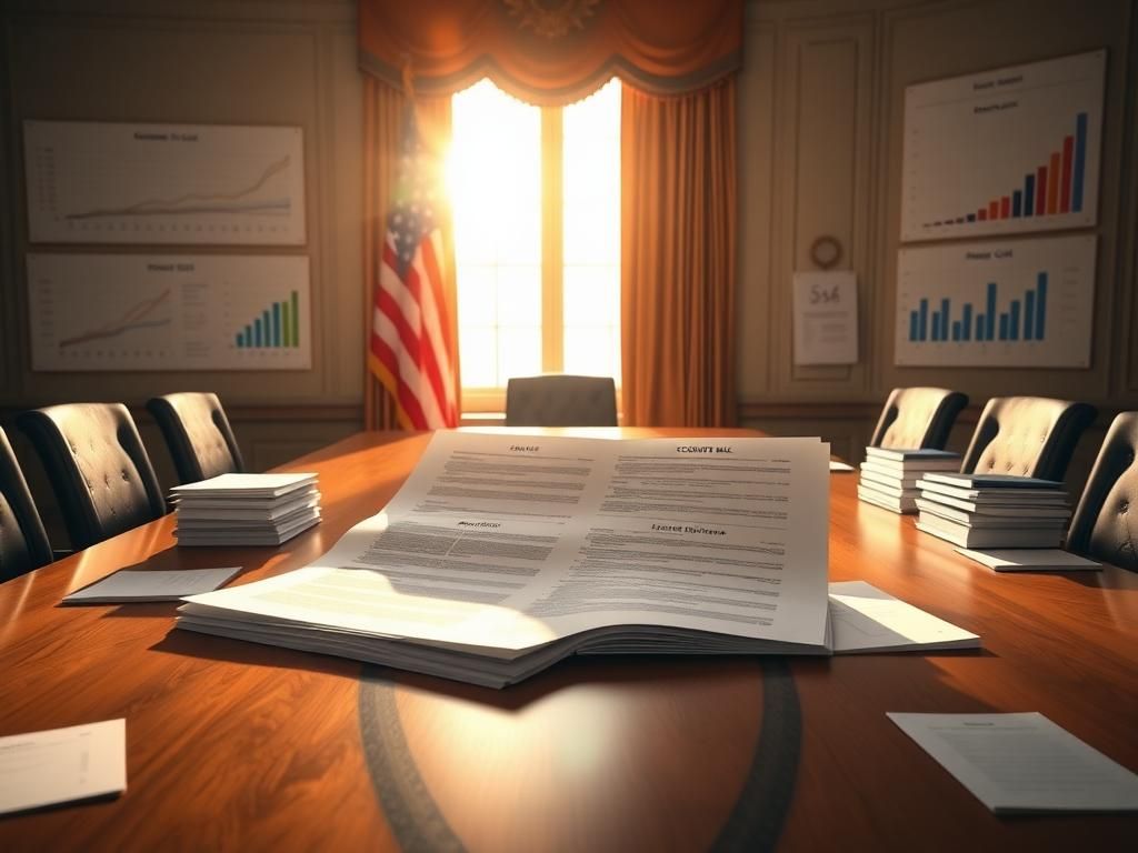 Flick International A fiscal document showcasing Trump's big, beautiful bill on a conference table with an American flag in the background