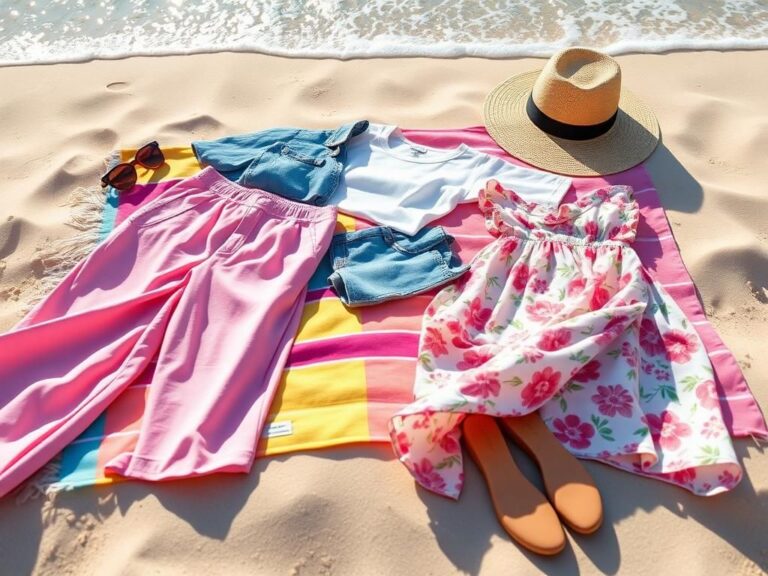 Flick International Summer wardrobe laid out on a beach