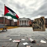 Flick International Empty university campus quad showcasing a Palestinian flag and conflict-themed graffiti poster