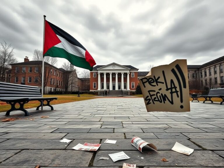 Flick International Empty university campus quad showcasing a Palestinian flag and conflict-themed graffiti poster