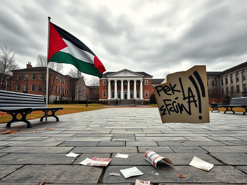 Flick International Empty university campus quad showcasing a Palestinian flag and conflict-themed graffiti poster