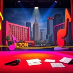 Flick International A vibrant theater stage set with oversized props symbolizing satire and cultural critique in San Francisco.