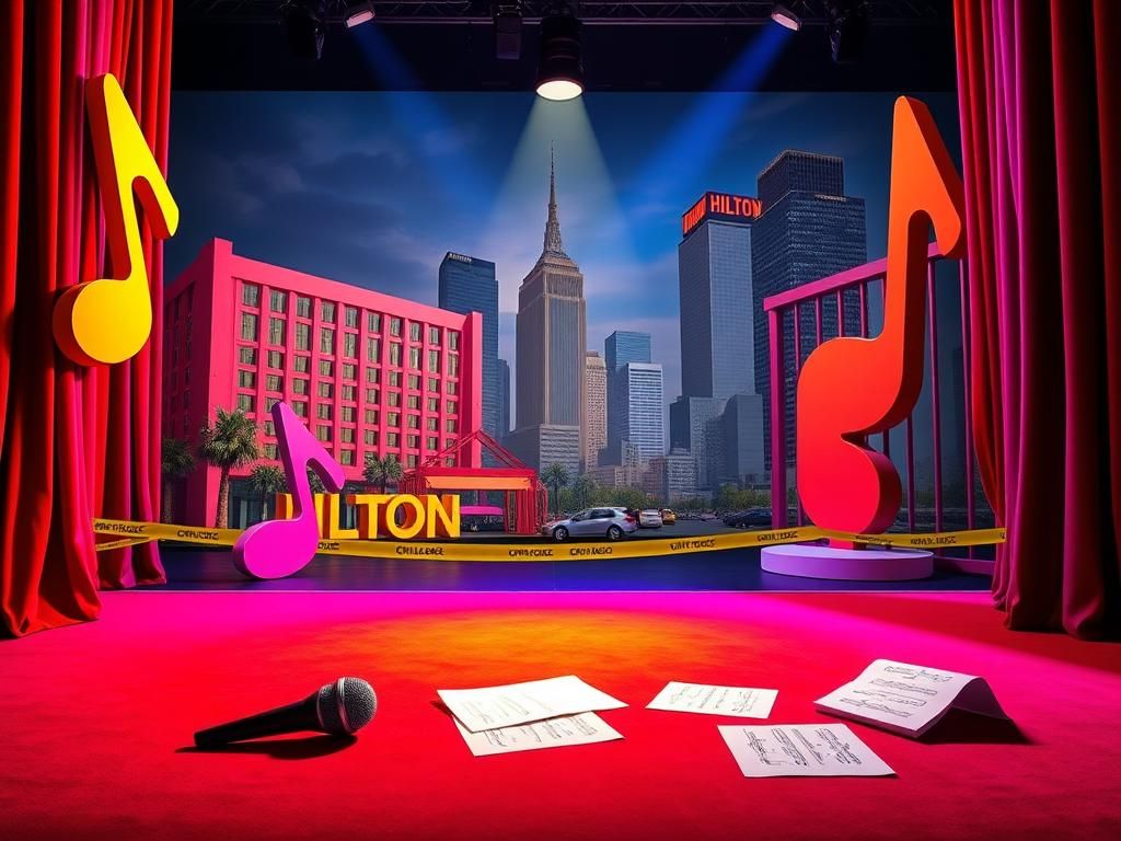 Flick International A vibrant theater stage set with oversized props symbolizing satire and cultural critique in San Francisco.