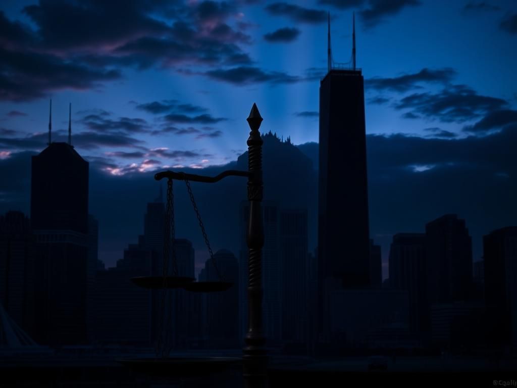 Flick International Dramatic urban skyline of Chicago at dusk with a broken scale of justice symbolizing political turmoil